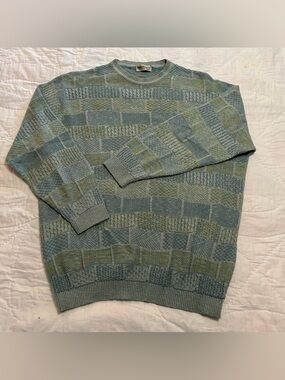 Vintage 80s Norm Thompson Sweater Mens XL Patchwork Shaker Knit Tonal Green Blue